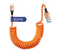 Eonvic USB A to USB C 45W Fast Charging CarPlay Cable Data Transfer Braided Coiled Cable for iPhone 15/16 Pro Max Galaxy S24/S23/S22 Laptops Camera (Orange, Coiled 40cm)