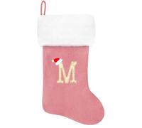 Eoocan 20 Inches Monogram Christmas Stockings Pink Velvet with White Super Soft Plush Cuff Embroidered Xmas Stockings Classic Personalized Stocking Decorations for Family Holiday Season Decor(M)