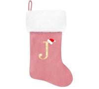 Eoocan 20 Inches Monogram Christmas Stockings Pink Velvet with White Super Soft Plush Cuff Embroidered Xmas Stockings Classic Personalized Stocking Decorations for Family Holiday Season Decor(J)