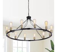 Eoodis Black Chandelier Rustic Chandeliers Ceiling Light 100cm Wagon Wheel Chandelier Height Adjustable for Dining Room Kitchen Living Room Bedroom (12 Lights)