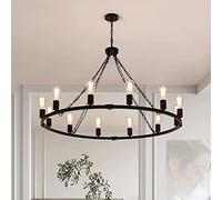 Eoodis Rustic Chandelier 12-Light Wagon Wheel Chandelier Black Chandeliers Ceiling Lights Height Adjustable for Dining Room Kitchen Living Room Bedroom(Dia 100cm)