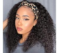 Eooma Glueless Human Hair Wig Headband Human Hair Wig Half Wig for Black Women (18 Inch) Briazilian Curly Scarf Wig No Gel Remy Hair