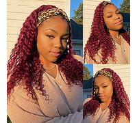 Eooma Hair Band Curly Human Hair for Black Women 10A 180% Density Curly Brazilian Curly #99J Burgundy Red Human Hair Headband Wig Scarf No Gel Glue