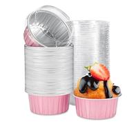 Eoonfirst 50pcs Disposable Foil Ramekins with Lids 5oz, Aluminum Foil Round Cupcake Liners Muffin Cups, Baking Cups Muffin Pans (Light Pink)