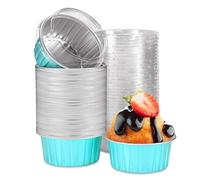Eoonfirst 50pcs Disposable Foil Ramekins with Lids 5oz, Aluminum Foil Round Cupcake Liners Muffin Cups, Baking Cups Muffin Pans (Light Blue)