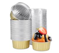 Eoonfirst 50pcs Disposable Foil Ramekins with Lids 5oz, Aluminum Foil Round Cupcake Liners Muffin Cups, Baking Cups Muffin Pans (Gold)
