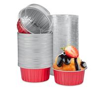 Eoonfirst 50pcs Disposable Foil Ramekins with Lids 5oz, Aluminum Foil Round Cupcake Liners Muffin Cups, Baking Cups Muffin Pans (Red)