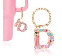 Eoopoon Personalized Initial Charm Accessories for Stanley Cups, Pink Tassel Keychain with Letter for Stanley Tumbler Girls,Cute Decor for Stanley Cup Accessories(Letter E)