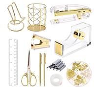 EOOUT Gold Office Supplies Set - Acrylic Stapler, Staple Remover, Phone & Tape Holders, Pen Holder, 2 Ballpoint Pens, Scissors, Binder Clips, Ruler, Transparent Glue & Staples