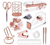 EOOUT Rose Gold Desk Accessories, Office Supplies and Accessories Set, Acrylic Stapler Set, Staple Remover, Phone Holder, Pen Holder, Scissor, Ruler, Transparent Tape