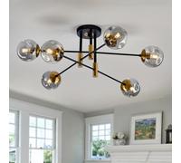 EOPSPYI Modern 6 Light Glass Globe Shade Sputnik Chandelier Black and Gold Semi Flush Mount Ceiling Light Fixture Mid Century Fitting for Living Room Dining Room Bedroom Kitchen Hallway