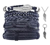 EOQIFJM 8Pcs Punk Leather Bracelet Set for Men & Women, 6Pcs Braided PU Cuffs, Necklace & Keychain, Adjustable, Stackable, One Size, Faux Leather, no gemstone