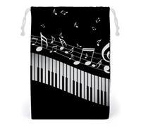 EOQIFJM White Piano Keys with Musical Notes Black Double Sided Printed Canvas Drawstring Storage Bag 12 * 18cm