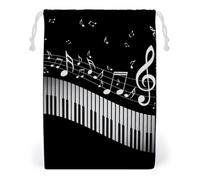 EOQIFJM White Piano Keys with Musical Notes Black Double Sided Printed Canvas Drawstring Storage Bag 20 * 25cm