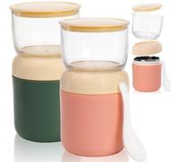 Eorbow 2 Pack Insulated Yogurt Container, 10oz+14oz Breakfast On the Go Cup with Topping Cereal Oatmeal Cup, 2-in-1 Food Storage Jar with Lid and Spoon, Overnight Oats Container for Soup Lunch