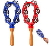 Eorbow 2 Pack Tambourine for Adults, Double Row Metal Jingles Hand Held Tambourine, Plastic Wooden Hand Percussion Instrument, Musical Bells for School Party Church Concerts