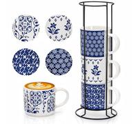 Eorbow 4 Pack Ceramic Coffee Mug Set with Rack, 16 OZ Stackable Cappuccino Cups with Metal Stand, Blue and White Porcelain Tea Mugs for Latte, Americano, Milk, Hot Cocoa, Beverages, Microwave Safe
