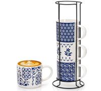 Eorbow 4 Pack Ceramic Coffee Mug Set with Rack, 16 OZ Stackable Cappuccino Cups with Metal Stand, Blue and White Porcelain Tea Mugs for Latte, Americano, Milk, Hot Cocoa, Beverages, Microwave Safe