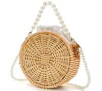 Eorbow Round Rattan Bag, 8" Hand-woven Wicker Basket Purse, Boho Crossbody Handbag With Pearl Strap Handle, Retro Summer Beach Straw Tote Clutch for Women, Beige