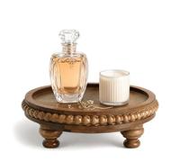 EOSAHR Acacia Round Wood Display Riser for Home Decor - Beaded Pedestal Tray for Perfume Organizer, Bathroom Tray & Kitchen Counter Decor - Farmhouse Boho Accent for Apartment(Acacia Wood)