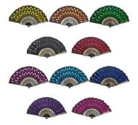 EOSAU 10 PCS Hand Fans for Women Foldable, Spanish Folding Fans Handheld, Elegant Peacock Sequin Fabric Folding Hand Fans for Line Dancing Wedding Party Favors Church (Black)