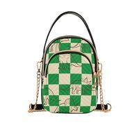 EOSDT Checkerboard Green Squares Single Shoulder Handbags Chain Strap Cell Phone Handbag Floral Print Ladies Crossbody Satchel Bag, 5.9" × 8.3" × 3.1"
