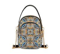 EOSDT Classical Colorful Blue White Prints Women Single Shoulder Purse Chain Wallet Cell Phone Purse Floral Print Designer Satchel Crossbody Bag, 5.9" × 8.3" × 3.1"