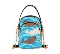 EOSDT Cute Cartoon Gray White Seals Blue Women's Shoulder Handbag Phone Bags with Chain Strap Floral Print Zipper Lady Crossbody Bag, 5.9" × 8.3" × 3.1"