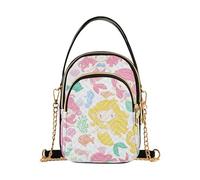 EOSDT Cute Colorful Cartoon Mermaids Single Shoulder Handbag Women Phone Purse Chain Strap Handbag Floral Print Zipper Lady Bowler Satchel, 5.9" × 8.3" × 3.1"