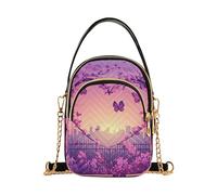 EOSDT over Shoulder Handbags Lady Heart Pink Flowers Butterflies Quilted Phone Purse Chain Strap Handbag Cute Designer Satchel Crossbody Bag, 5.9" × 8.3" × 3.1"