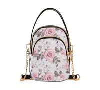 EOSDT Pink Roses Grey Leaves Womens Crossbody Handbag Quilted, Small Chain Strap Shoulder Bag with 3 Zipper Pockets for Phone and Travel