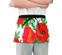 EOSDT Red Poppies Green Leaves Server Apron with 3 Pockets Funny Personalized Kitchen Waist Aprons Women Men, Red Poppies Green Leaves, 25.2" x 11.8", Red Poppies Green Leaves, 25.2" x 11.8"