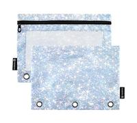 EOSDT Sequin Light Blue Pencil Pouch with 3 Binder Holes Pencil Bags with Clear Window Binder Pencil Pouches for Home Office 2 Pack