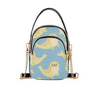 EOSDT Shoulder Handbag Women Cute Cartoon Yellow Seals Light Blue Quilted Cell Phone Wallet Chain Purse Cute Zipper Ladies Clutch Satchel, 5.9" × 8.3" × 3.1"