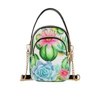 EOSDT Shoulder Purse for Women Watercolor Cacti Succulents Green Quilted Chain Strap Phone Wallet Handbag Cute Zipper Ladies Clutch Satchel, 5.9" × 8.3" × 3.1"