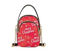 EOSDT Shoulder Purse Handbag Christmas Gift White Snowflakes Red Quilted Chain Strap Cell Phone Handbag Cute Zipper Crossbody Bowler Bag, 5.9" × 8.3" × 3.1"