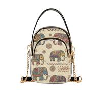 EOSDT Single Shoulder Handbag Women Colorful Tribal Elephant Beige Quilted Cell Phone Purse Chain Strap Cute Zipper Ladies Clutch Satchel, 5.9" × 8.3" × 3.1"