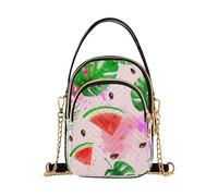 EOSDT Watercolor Watermelon Slices Leave over Shoulder Handbags Lady Cell Phone Purse Chain Strap Floral Print Zipper Lady Bowler Satchel, 5.9" × 8.3" × 3.1"