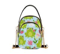 EOSDT Women Shoulder Handbag Cute Cartoon Green Frogs Blue Quilted Cell Phone Purse Chain Strap Cute Zipper Ladies Clutch Satchel, 5.9" × 8.3" × 3.1"
