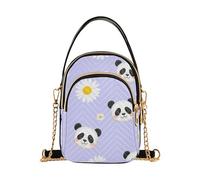 EOSDT Womens Shoulder Purse Cute Panda White Daisies Purple Quilted Chain Strap Cell Phone Purse Cute Zipper Lady Bowler Satchel, 5.9" × 8.3" × 3.1"