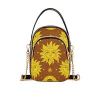 EOSDT Women's Shoulder Purses Printed Cell Phone Wallet Chain Purse Quilted Designer Satchel Crossbody Bag Yellow Suns Crescent Moons Brown
