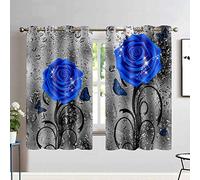 EOTDMS Blue and Gray Curtains Blue Rose Raindrop Floral Gray Art Bedroom Decor Blackout Window Curtains for Girls Bedroom Living Room 52x63 Inches 2 Panels