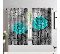 EOTDMS Teal and Gray Curtains Turquoise Rose Raindrop Floral Gray Art Bedroom Decor Blackout Window Curtains for Girls Bedroom Living Room 52x63 Inches 2 Panels