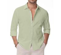 EOUOSS Linen Shirts for Men Casual Button Down Long Sleeve Shirt Solid Summer Beach Hawaiian Shirts, Beans Green, XS