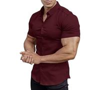 EOUOSS Men’s Muscle Fit Dress Shirts Stretch Athletic Slim Fit Short Sleeve Casual Button Down Shirt, Jam Red, XS