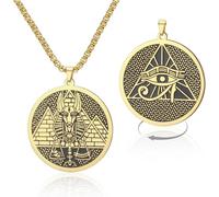 Eouyt Egyptian Mythology Necklace Anu ye of Horus Pendant Stainless Steel Pyramid Medallion Amulet Protection Ancient Egypt Jewelry for Men Women, Gold-Box chain