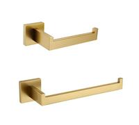 Eovem 2 pcs Bathroom Accessories Set, Brushed Gold Towel Rail Towel Rack, Toilet Paper Holder, Wall Mounted SUS 304 Stainless Steel Square