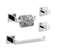 Eovem 4 Pieces Bathroom Accessory Set Square, Wall Mounted Towel Rail Towel Rack, Toilet Paper Holder, Towel Hooks, Stainless Steel Bathroom Hardware Set Polished Chrome