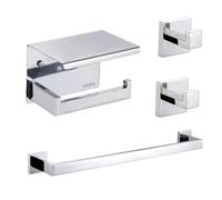 Eovem Bathroom Accessory Set, 4-Piece Bath Hardware Set Towel Rail, Toilet Paper Roll Holder with Shelf, 2 Robe Hooks, Stainless Steel Chrome Wall Mount Square