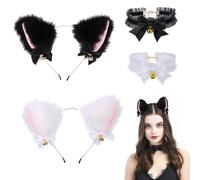 Eowppue 4 Pcs Cat Lady Accessories (Black, White) - 2X Cat Ears Headband +2X Choker Necklaces for Women, Cat Women Accessories with Bells, Plush Cat Ears, Cat Costume for Women, Cat Woman Outfit